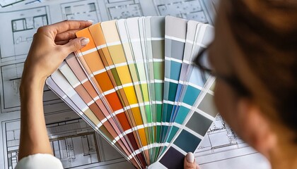 A person holds a vibrant color palette over architectural blueprints, showcasing design and creativity in interior decoration.