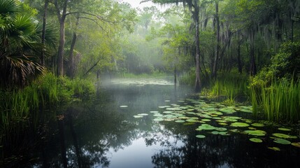 Fototapeta premium A serene, misty swamp scene with lush greenery and lily pads reflecting on calm water.