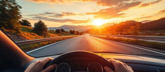 Obraz premium ** Scenic Road Trip at Sunset with Vibrant Sky and Mountains in the Distance Captured from Inside a Car..**