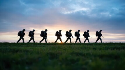 A group of soldiers walking in formation at sunrise, silhouetted against the sky, symbolizing discipline and military teamwork.