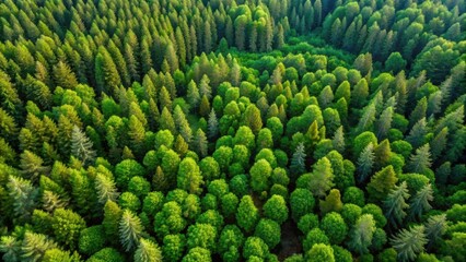 Panoramic aerial view of lush evergreen pine forest from a drone , nature, landscape, environment, aerial, drone, trees