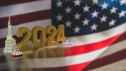 The brooch vote and statue of liberty on USA flag for U.S. presidential election concept 3d rendering.