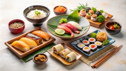 Assortment of traditional Japanese food items on a light background, Japanese cuisine, sushi, sashimi, tempura, ramen, bento