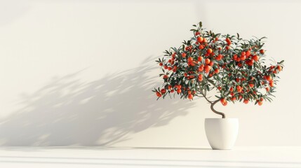 Fototapeta premium A small orange tree is in a white pot on a table