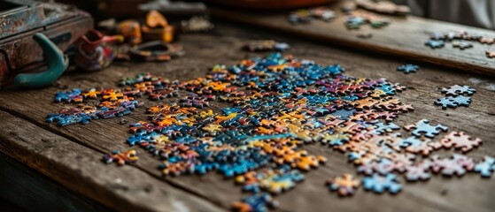 Capture the engaging moment of a colorful jigsaw puzzle being assembled on a wooden table, with pieces scattered around and a warm cup of tea nearby, showcasing the joy of creativity 
