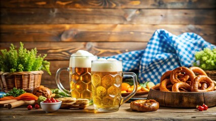 Fototapeta premium Traditional Oktoberfest celebration with delicious food and refreshing beer , Oktoberfest, traditional, celebration, food