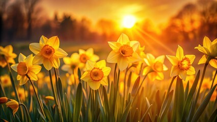 Fototapeta premium Golden daffodils glowing in the warm sunset light, Spring, flowers, floral, nature, sunset, golden hour, daffodils, blooming