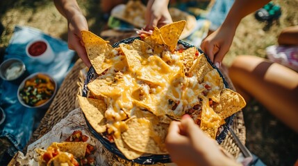 Gathering for a delicious nachos feast with friends on a sunny day in the park, enjoying summer vibes and tasty snacks together