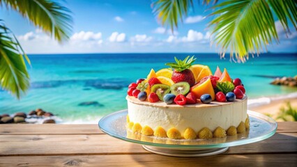 Tropical birthday cake with fresh fruit decorations on glass table with beach background, tropical
