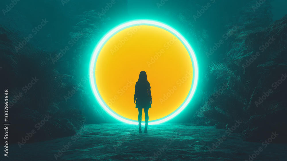 Poster Silhouette of a woman standing before a glowing portal.