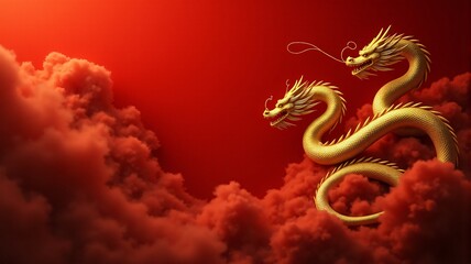 Obraz premium Chinse new year, dragon year, large golden dragons coiling against a deep red backdrop, with swirling clouds with copy space for text.