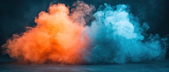Abstract image of orange and blue smoke on a dark background.