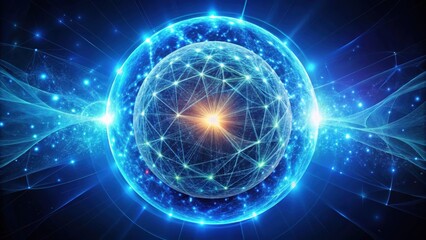 Abstract round blue sphere emitting glowing energy with cosmic atoms and particles in an abstract background , energy, magic