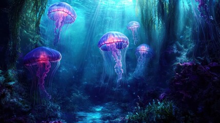 Naklejka premium A serene underwater scene featuring glowing jellyfish amidst vibrant marine life.