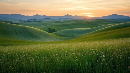 Obraz premium Serene sunset over rolling green hills, capturing nature's beauty and tranquility.