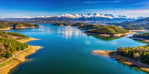 Aerial view of B?bal reservoir with snow-capped Pyrenees in the background on a sunny day, B?bal reservoir
