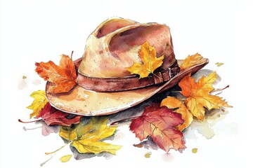 A rustic hat resting amidst vibrant autumn leaves, showcasing nature's colorful transition in a serene setting.
