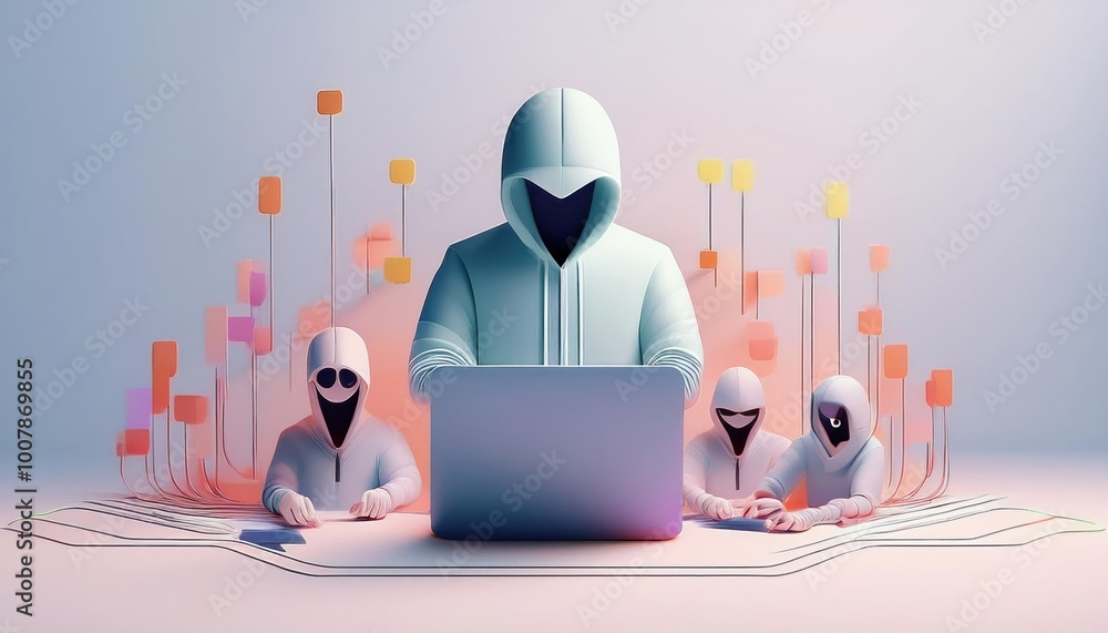 Poster anonymous hackers using laptop cyber security concept digital crime data breach