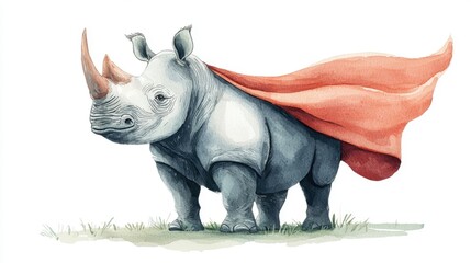 Fototapeta premium A whimsical illustration of a rhinoceros wearing a superhero cape, symbolizing strength and courage in a playful manner.