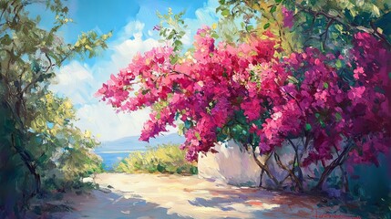 A vibrant path lined with blooming bougainvillea leads to a serene ocean view under a bright blue sky.