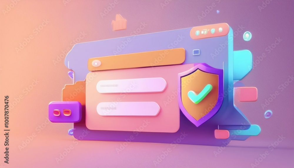 Poster secure login form with checkmark shield 3d illustration