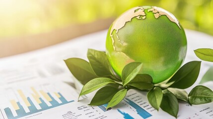 A green globe sits atop papers and leaves, symbolizing sustainability and ecological awareness in a natural setting.