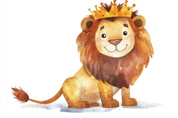 Obraz premium Cute cartoon lion illustration wearing a crown, ideal for children's themes, storybooks, or animal-related designs.
