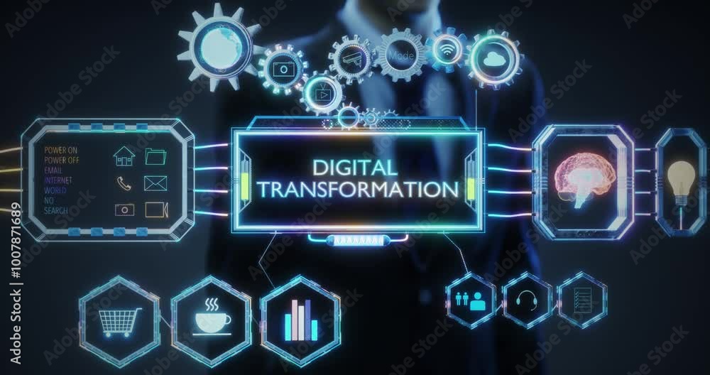 Poster businessman navigating digital transformation interface 3d rendering