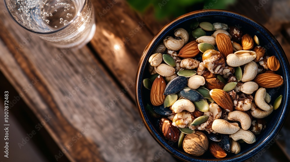 Poster a vibrant bowl of mixed nuts and seeds rests on a rustic wooden table next to a glass of sparkling w