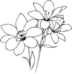 Flowers Line Art Vector Drawing. Linear Drawing of Floral Contour Ornament. Flowers with Leaves Branch Black Sketch Illustration on White Background