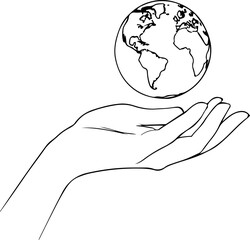 Hand with Earth Globe Line Art Drawing. Ecology or Peace Concept Minimalist Linear Sketch Drawing. World Earth Planet Abstract Vector Illustration.	