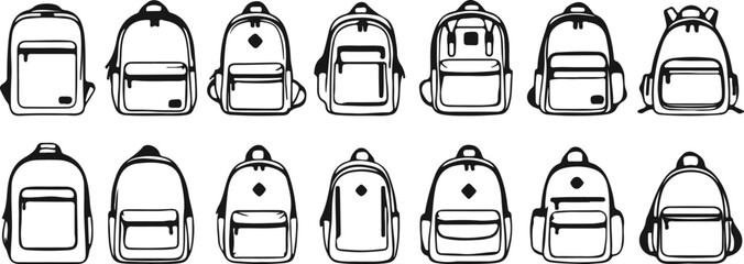 Backpack Vector Set Black Sketch Isolated on White Background. Bag, Backpack Line Art Drawing Collection. Minimal Hand Draw Illustration for Design.