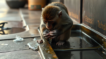 AI image generate poor monkey drinking water on the sidewalk