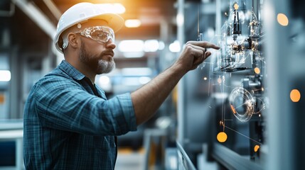 A factory worker using augmented reality to interact with machinery