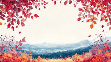 A beautiful autumn landscape featuring vibrant red and orange leaves framing a serene mountain view with a soft sky.