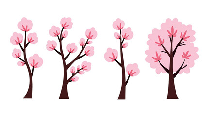 Fototapeta premium Cherry Blossom Tree Collection Colorful Floral Icons Springtime Design Vibrant Pink Petals Cartoon Style isolated