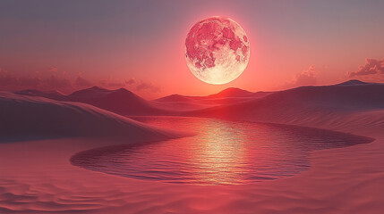 A mesmerizing scene of a pink moon rising over tranquil waters, reflecting vibrant colors against serene desert hills.