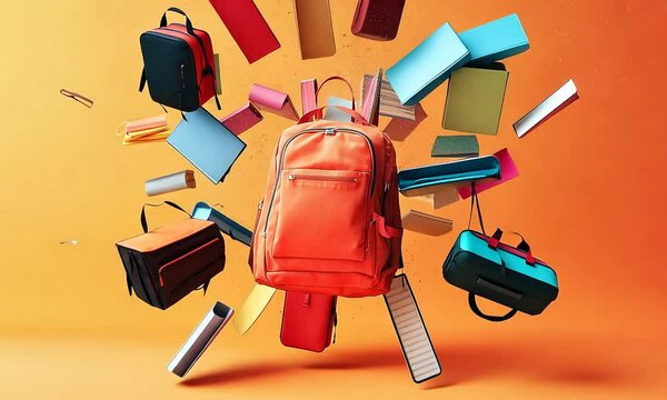 Backpack and School Supplies on Orange Background