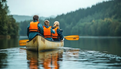 Family on a boating or canoe trip on a calm lake, kids wearing life jackets and parents guiding the boat