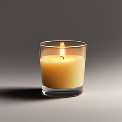 Close-up of a lit candle in a glass holder, soft flickering light casting shadows on a white background, minimal and elegant composition 