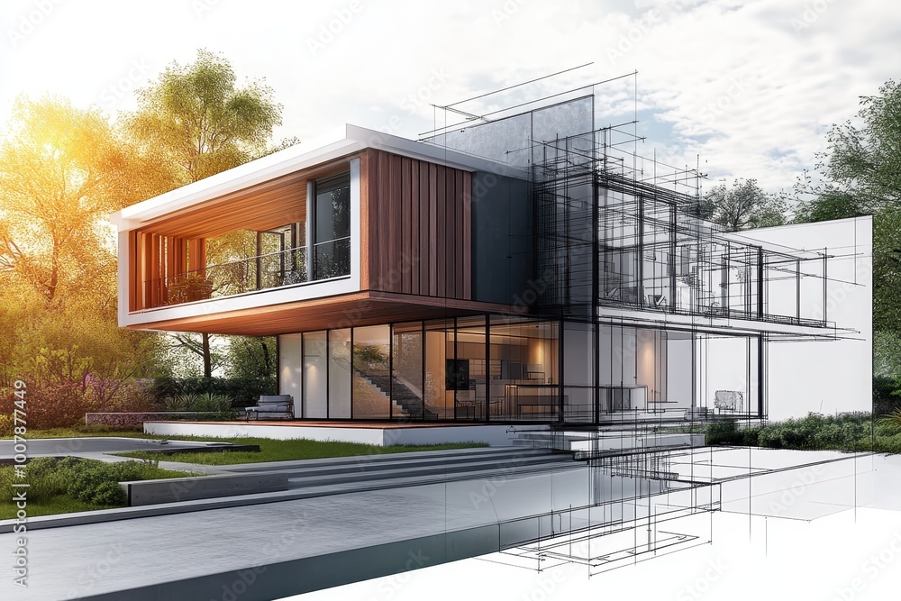 Aufkleber a modern house design merging rendered and sketched elements for architectural visualization.