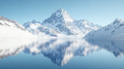 Obraz premium A serene mountain landscape reflecting on a calm, crystal-clear lake, surrounded by majestic snow-covered peaks under a clear blue sky.