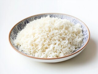 Plate of plain jasmine rice served hot and ready to accompany a meal Isolated on white background