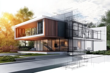 Obraz premium A modern house design merging rendered and sketched elements for architectural visualization.