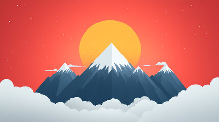 A serene mountain landscape with a vibrant sunset, clouds, and majestic peaks, perfect for nature and travel themes.