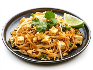 Pad Thai stir-fried with eggs, tofu, and bean sprouts, served with a garnish of cilantro and a lime wedge Isolated on white background