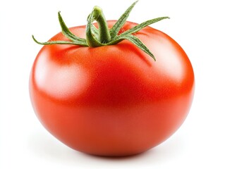 Fresh red tomato with a smooth, shiny skin and green stem attached Isolated on white background