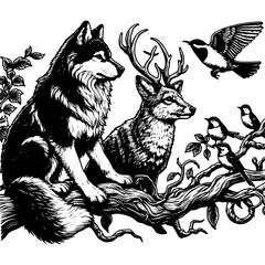 Obraz premium Woodland animals on a tree branch in intricate black and white illustration. Vector, generative ai.