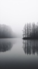 Fototapeta premium Foggy morning on the lake. Landscape of foggy lake