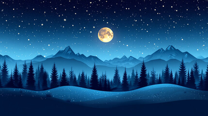 Naklejka premium A serene winter landscape featuring a full moon, starry sky, and silhouetted mountains surrounded by evergreen trees.